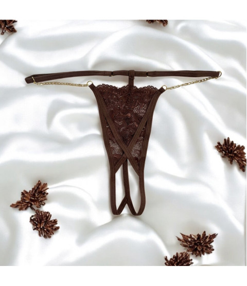 String en dentelle marron ouvert avec chaînes dorées - PA01MBRW